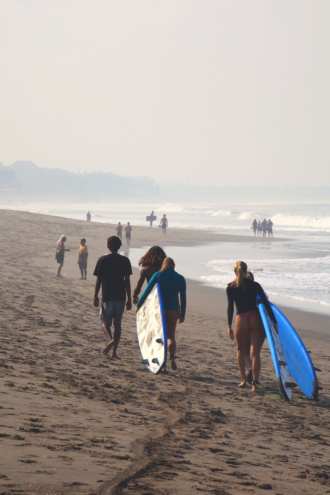 Students and instructors walking along the beach with their boards