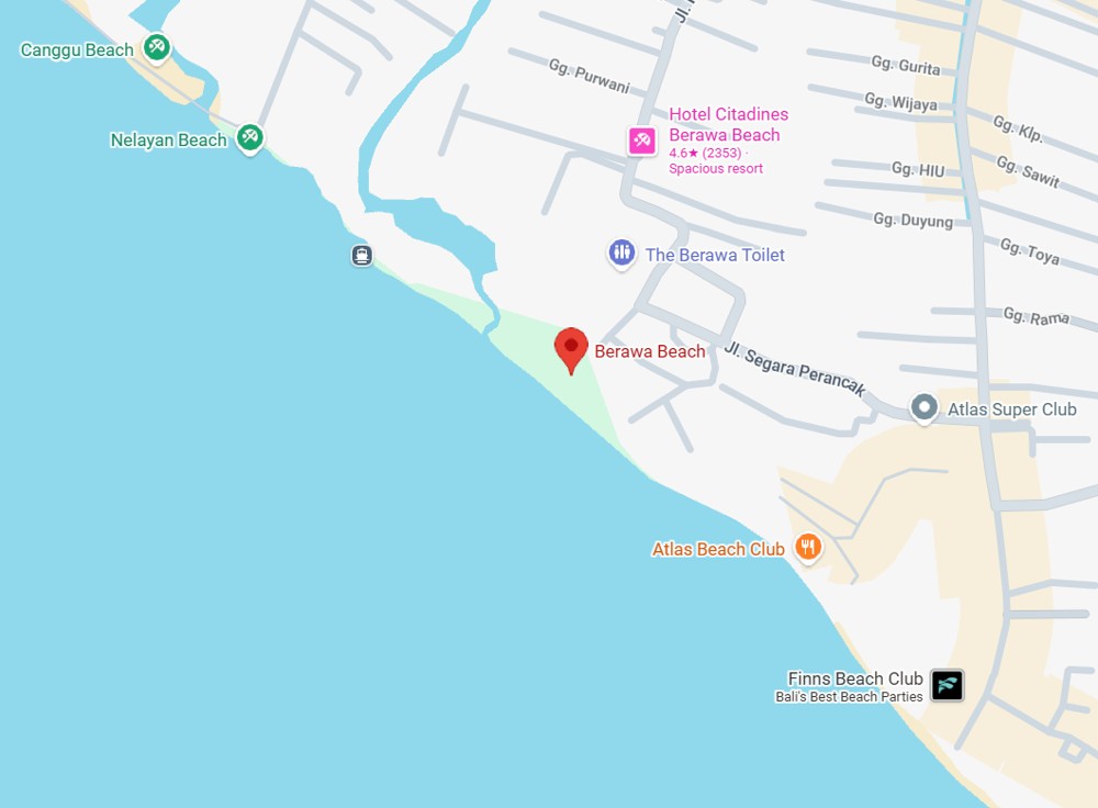 Map of Berawa Beach in Canggu, Bali, with a red pin on Berawa Beach